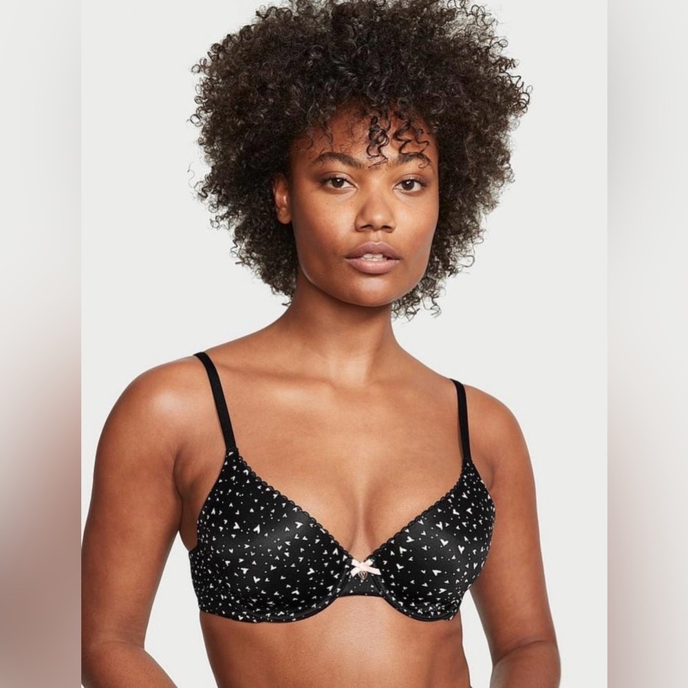 VS Body By Victoria Lined Perfect Coverage Bra Black W/ White Hearts Size 42DD